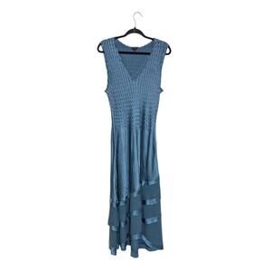 Komarov Charmeuse Tiered Hem Dress Sleeveless Blue Textured Chiffon Womens Large